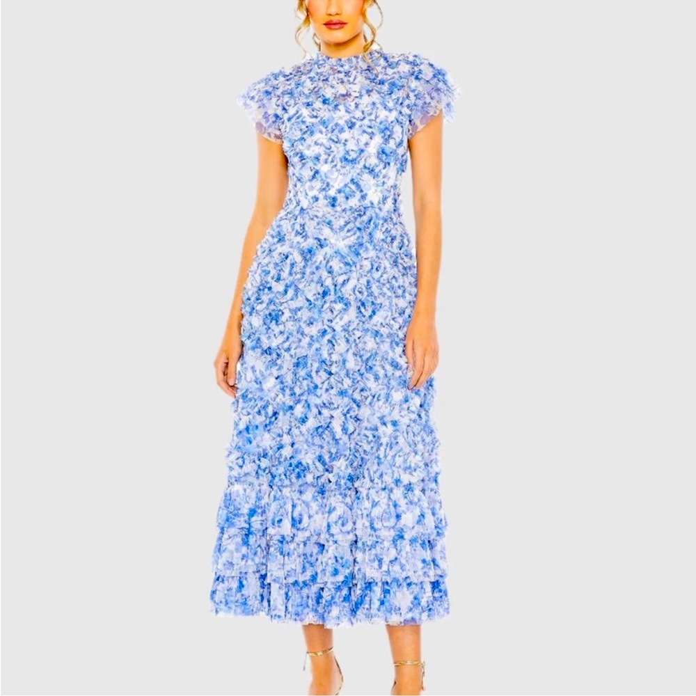 Mac Duggal Blue and White Midi Dress